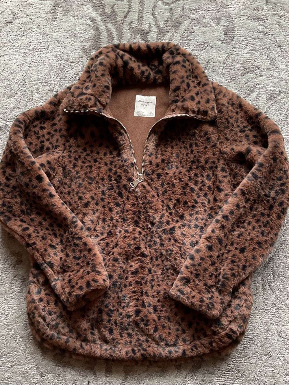Abercrombie & Fitch Brown Leopard-Print Fuzzy Half-Zip Jacket